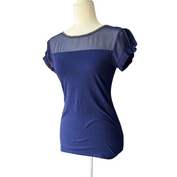 Express Sheer and Embellished Blue Top Women's Size S Elevated T-Shirt Stretch - Picture 1 of 8